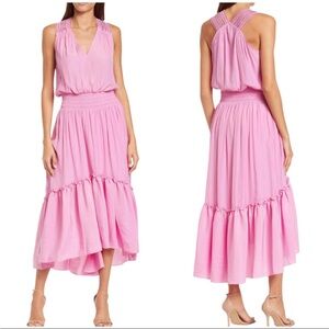 Ramy Brook Samantha Lace Trim Asymmetrical Flounce Hem Smock Waist Midi Dress, M